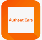 Authenticare app logo, Orange text saying authenticare surrounded by a large orange square shaped border